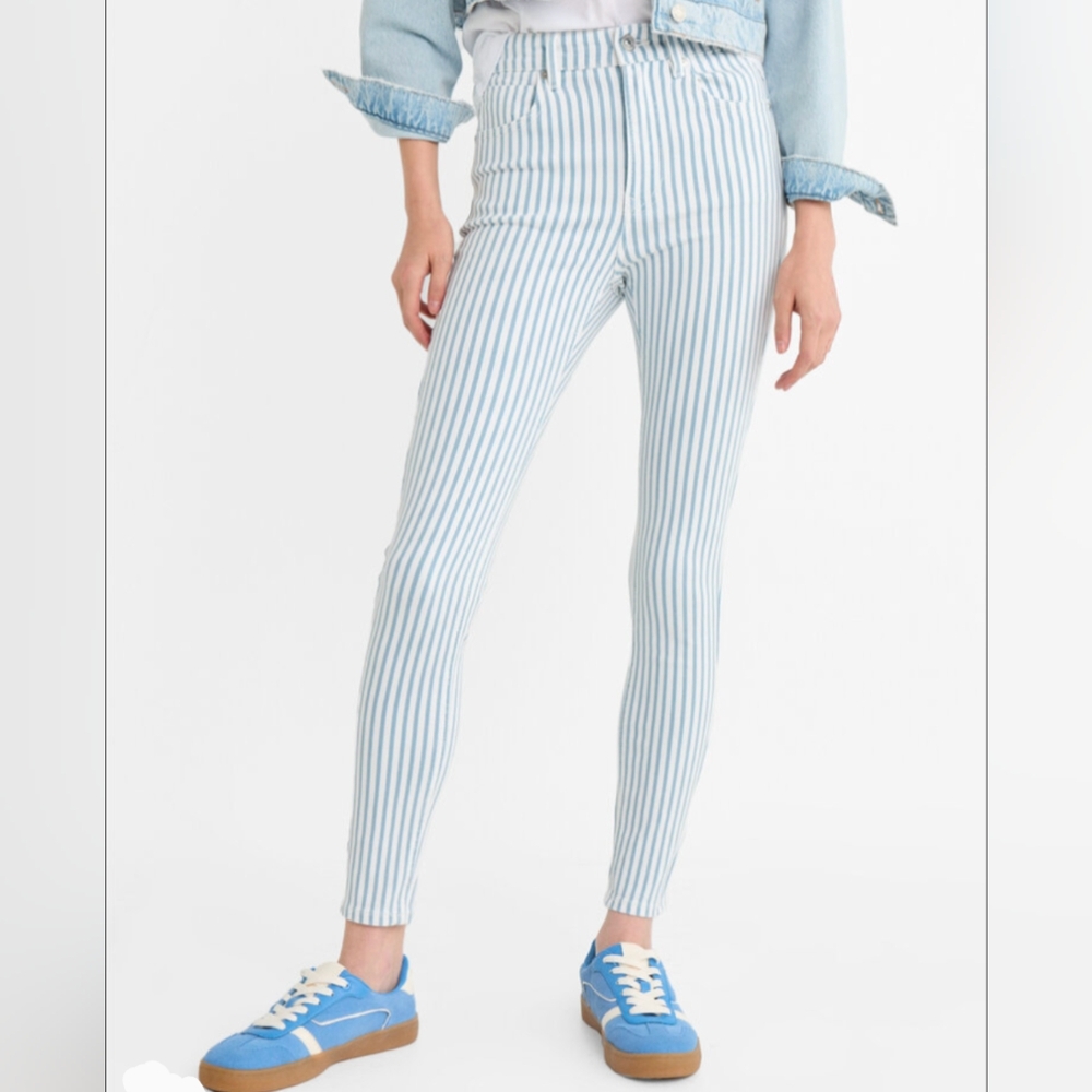Stradivarius 1400 Mid Rise skinny jeans White Blue Stripes New! - Picture 3 of 13